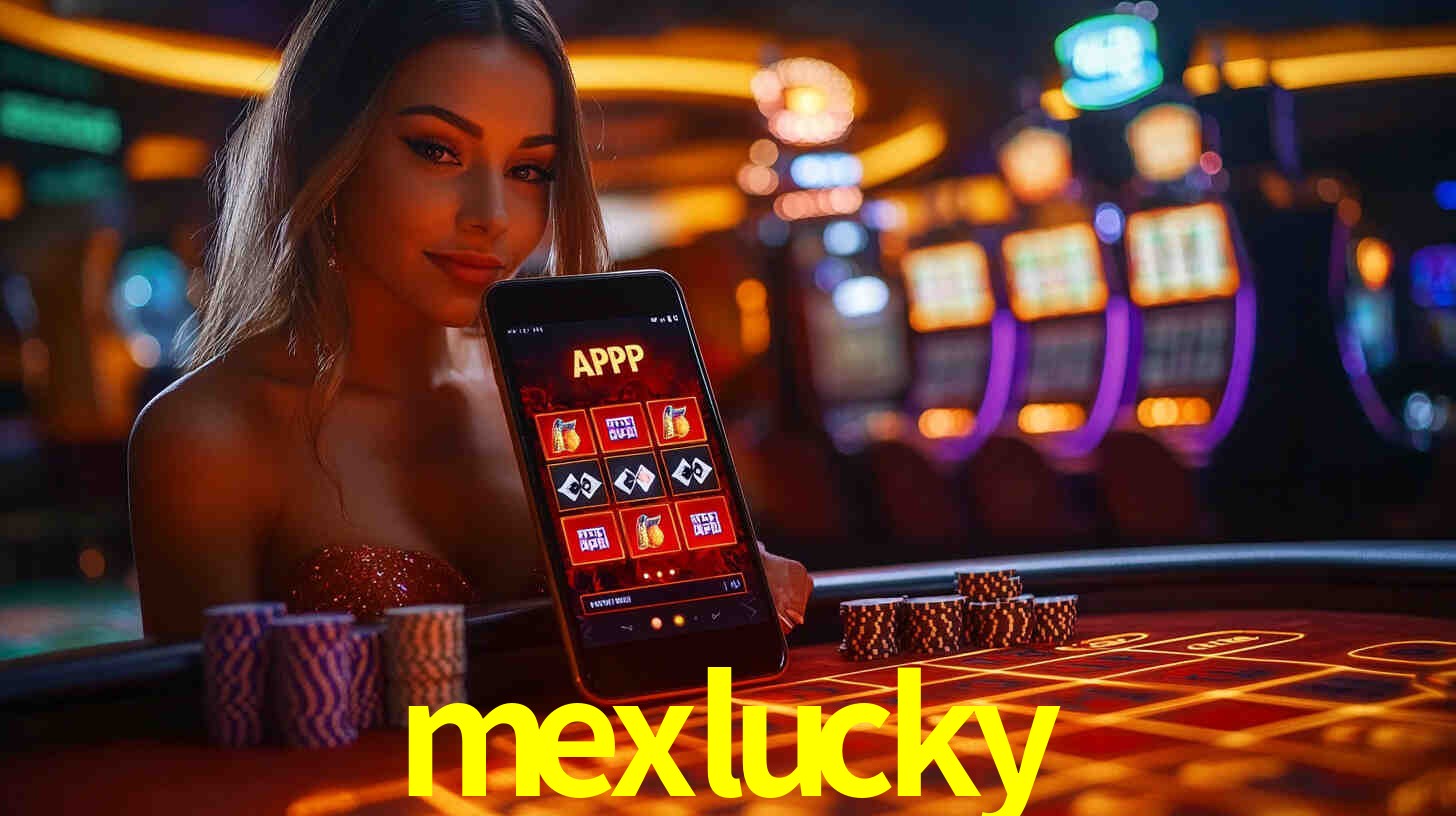 Escena dinámica inspirada en casino con iluminación mexlucky, cartas, fichas e íconos de juegos digitales en un espacio moderno de juegos.