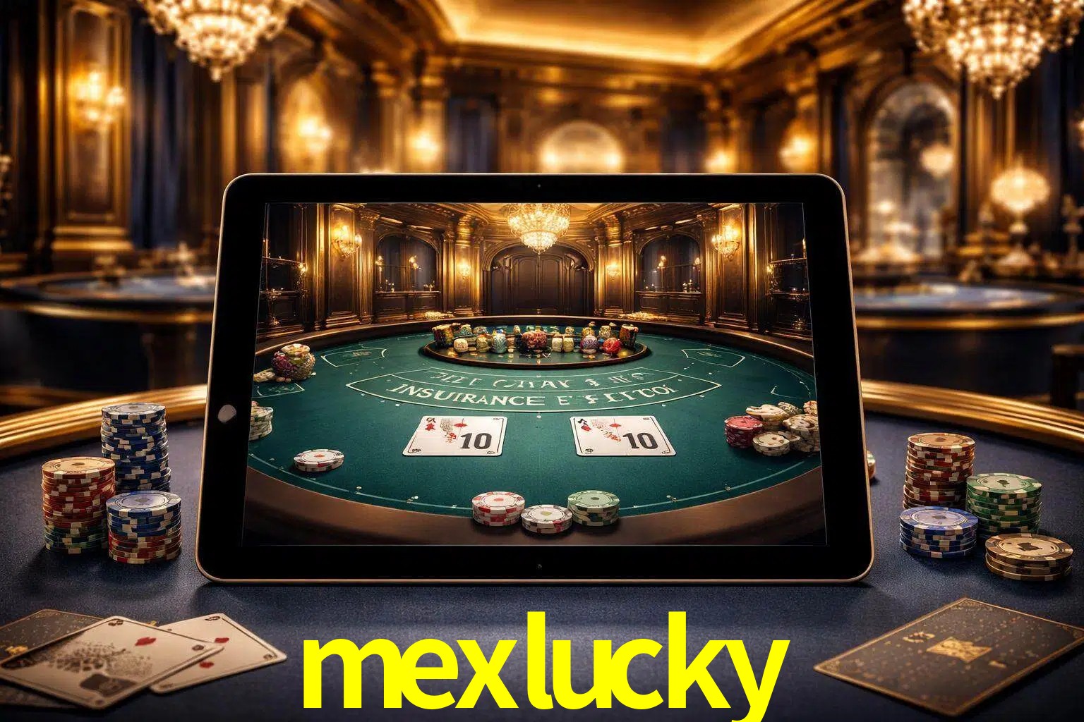 Configuración moderna de casino en vivo con una tableta mostrando una mesa de blackjack, luces cálidas de estudio y una atmósfera elegante de juegos digitales.