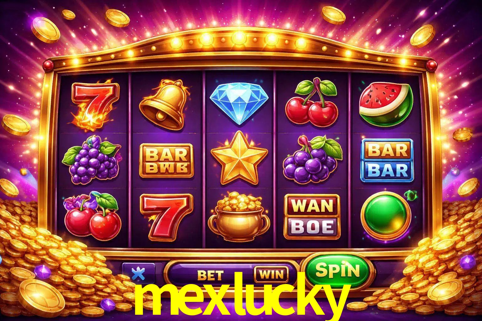 Una interfaz colorida de tragamonedas en línea con símbolos brillantes, monedas y un efecto de victoria celebratoria en mexlucky.