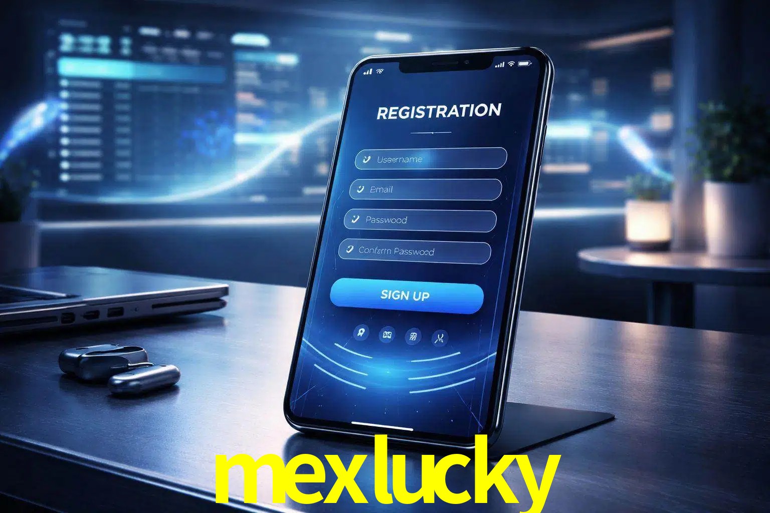 Una interfaz moderna de registro móvil para mexlucky mostrada en un smartphone con un panel de apuestas elegante.